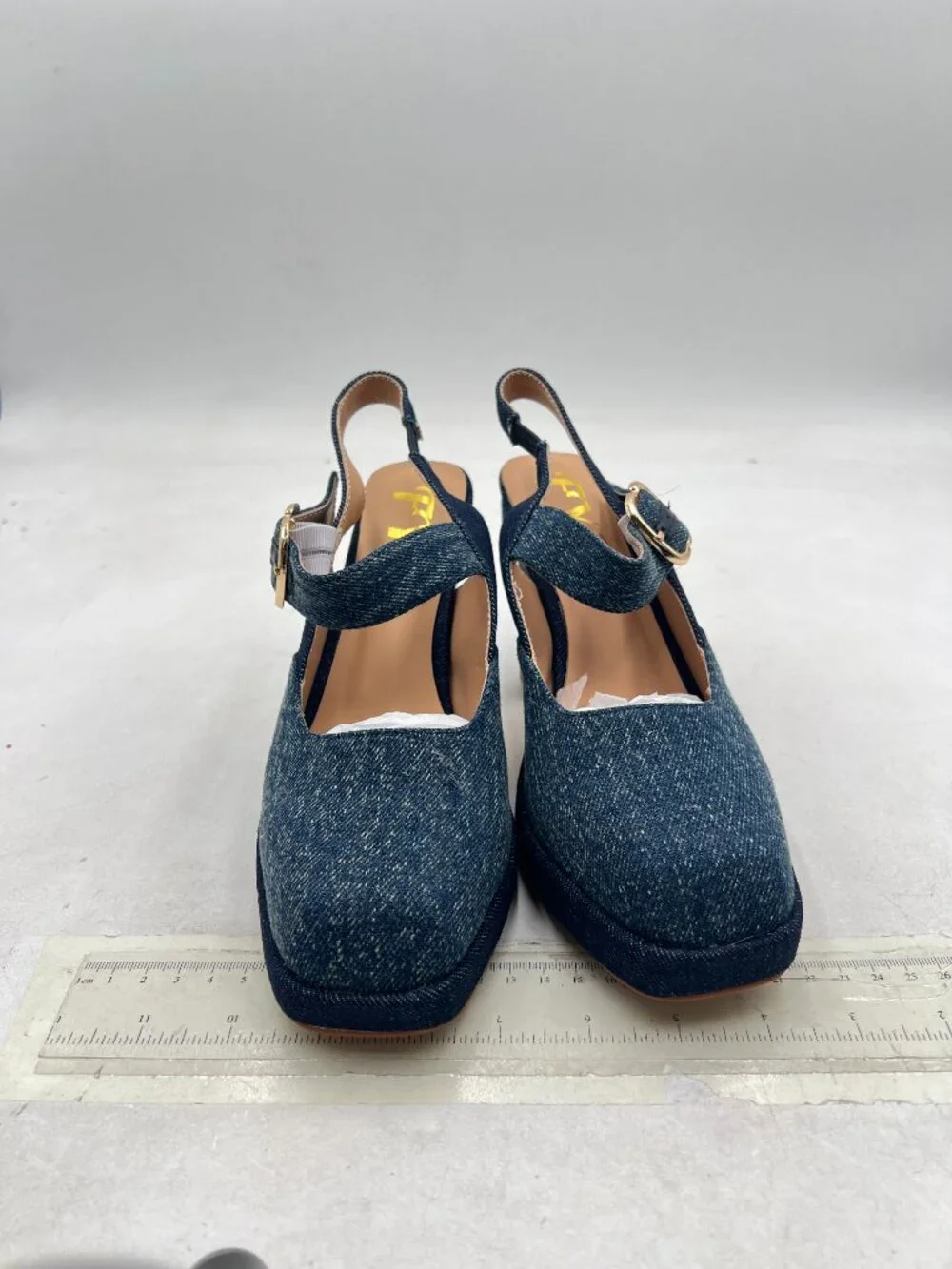 FYS Denim Blue Platform Square Toe Chunky High Heel Mary Janes Slingback Pumps